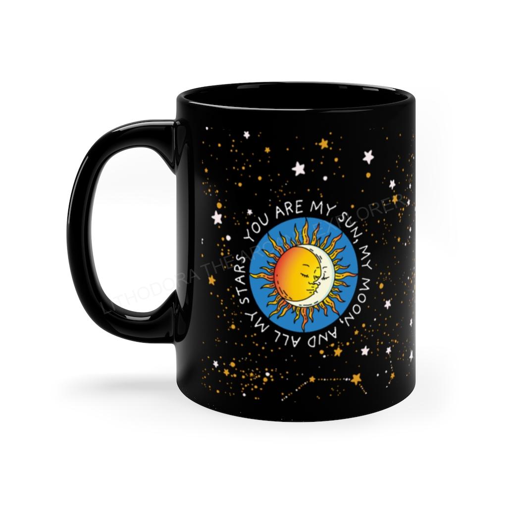 Sun, Moon, Stars Black Coffee Mug, 11oz